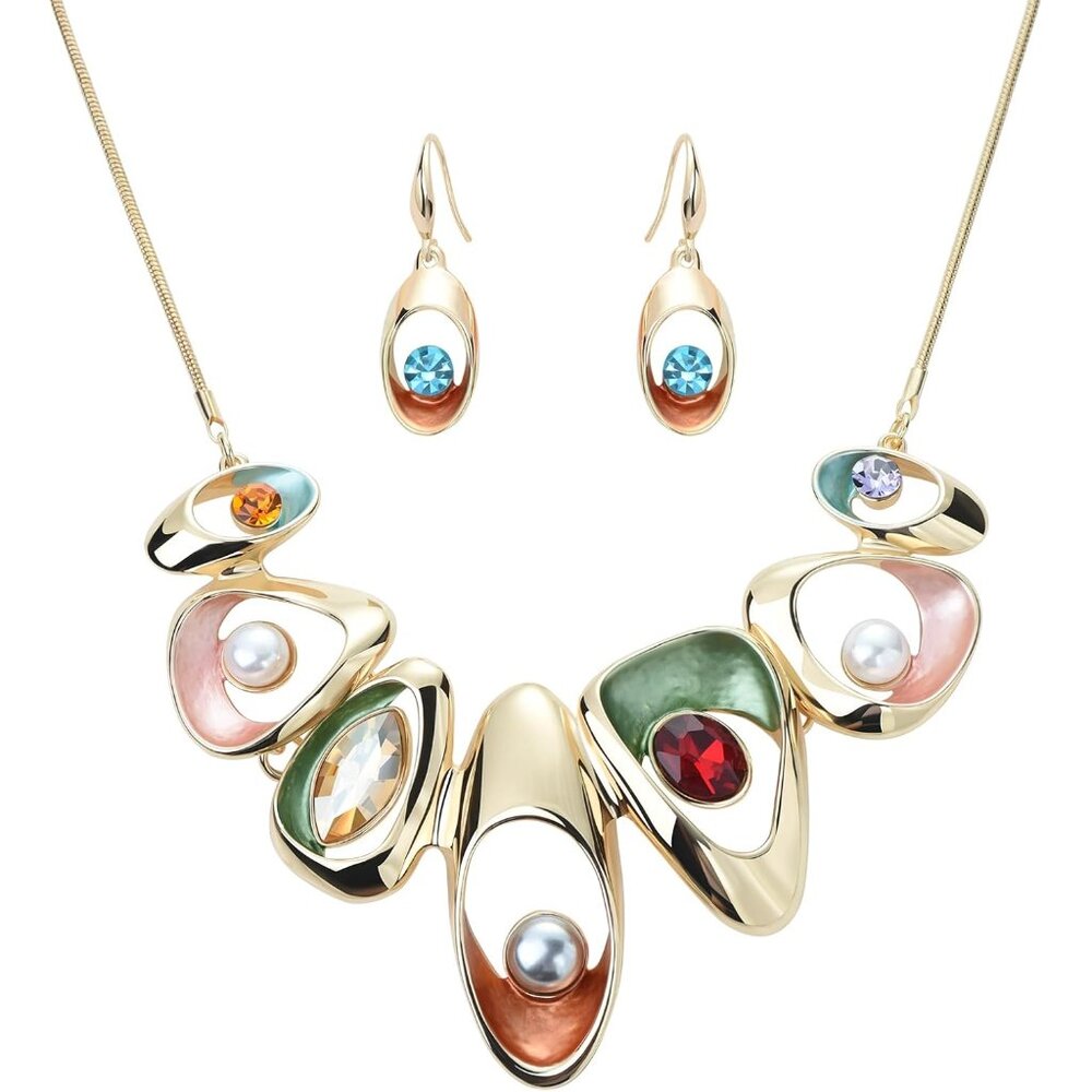 Retro Women's Crystal Floral Petal Leaf Chunky Statement Necklace and Earrings S